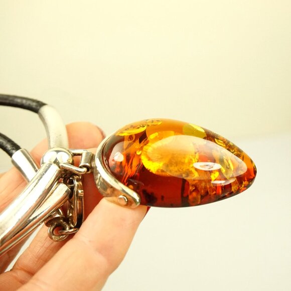 Big AMBER PENDANT With Black Leather Cord Set In 925 Silver Artisan Made Gift - Picture 6 of 15